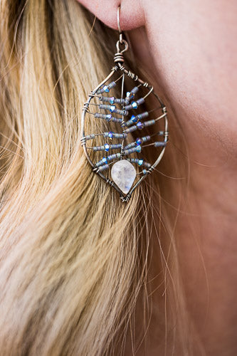 Rainbow Moonstone Leaf Earrings | Handcrafted with Austrian Crystals & Sterling Silver Em'z Blendz Soap Co.