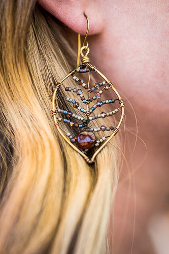Cinnamon Garnet Leaf Earrings | Handcrafted with Antiqued Copper & Brass    Em'z Blendz Soap Co.