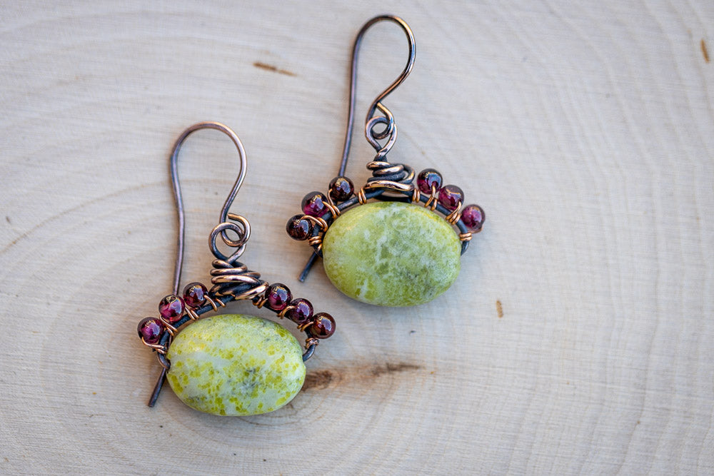 Em'z Blendz Peridot Jasper & Garnet Earrings | Handcrafted Jewelry    Em'z Blendz Soap Co.