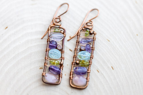 Framed Gemstone Earrings | Hand-hammered Copper with Amethyst, Peridot, Aquamarine & Rose Quartz    Em'z Blendz Soap Co.