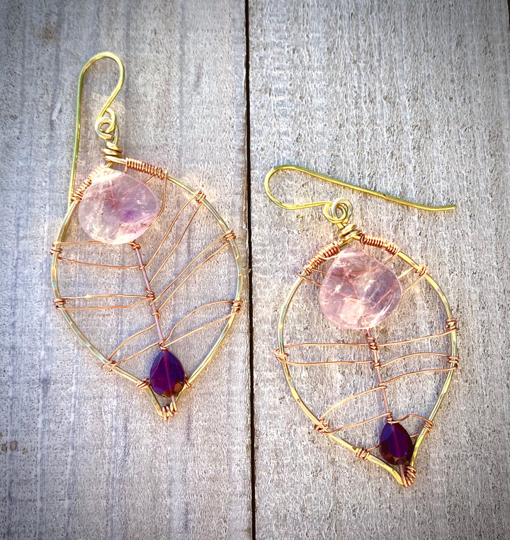 Lavender Amethyst & Rhodolite Garnet Leaf Earrings | Handcrafted Copper & Brass Em'z Blendz Soap Co.