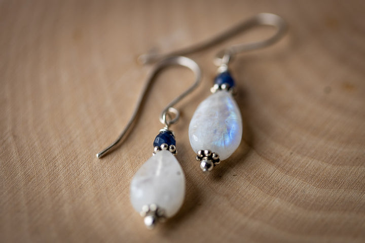 Em'z Blendz Rainbow Moonstone & Blue Sapphire Earrings | Handcrafted Sterling Silver    Em'z Blendz Soap Co.