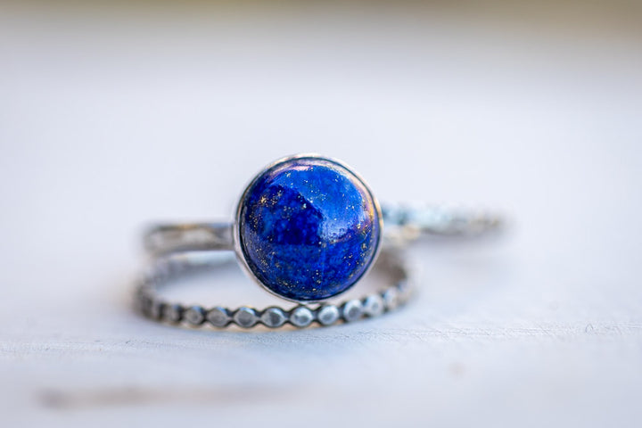 Lapis Lazuli Stack Ring Set | Hand-Hammered Solid Fine Silver Jewelry Em'z Blendz Soap Co.