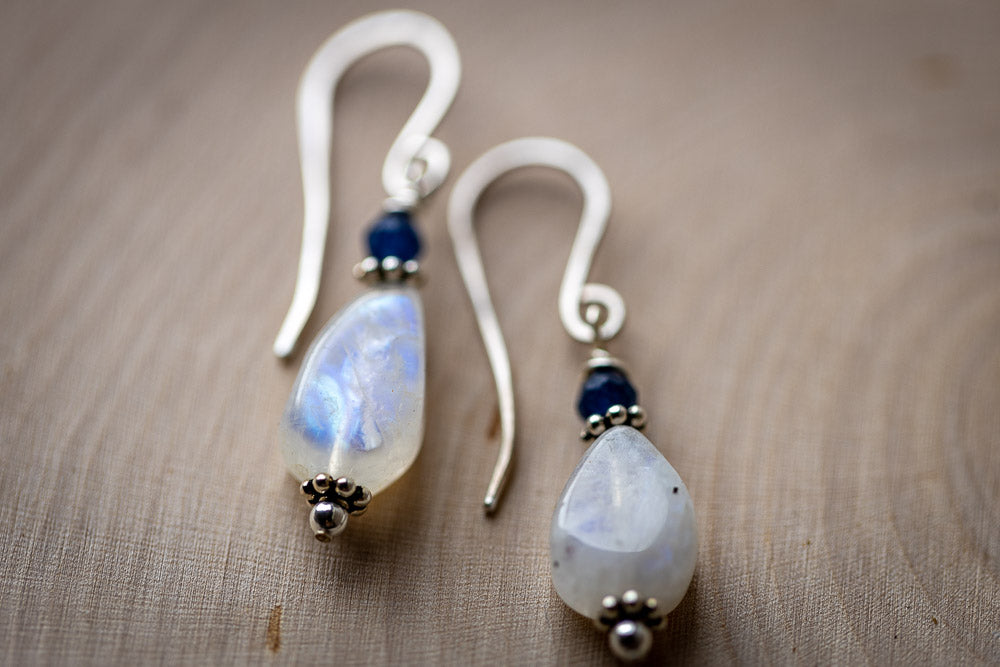 Em'z Blendz Rainbow Moonstone & Blue Sapphire Earrings | Handcrafted Sterling Silver    Em'z Blendz Soap Co.