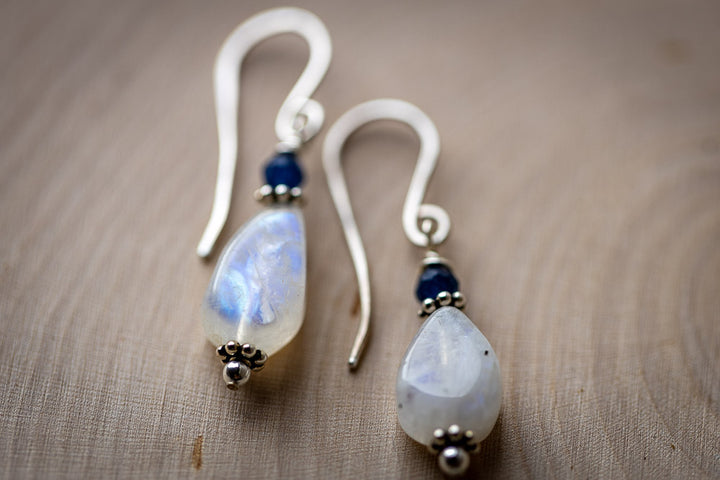 Em'z Blendz Rainbow Moonstone & Blue Sapphire Earrings | Handcrafted Sterling Silver    Em'z Blendz Soap Co.
