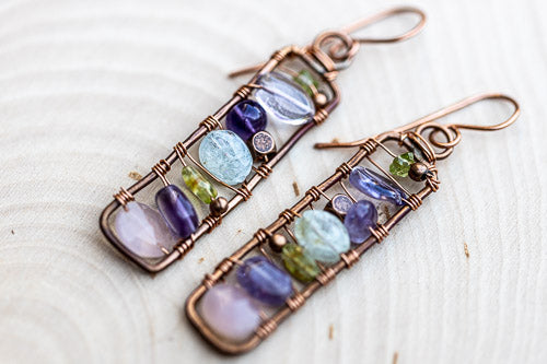 Framed Gemstone Earrings | Hand-hammered Copper with Amethyst, Peridot, Aquamarine & Rose Quartz    Em'z Blendz Soap Co.