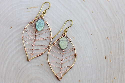 Labradorite Leaf Earrings | Handcrafted Antiqued Copper & Brass Jewelry Em'z Blendz Soap Co.