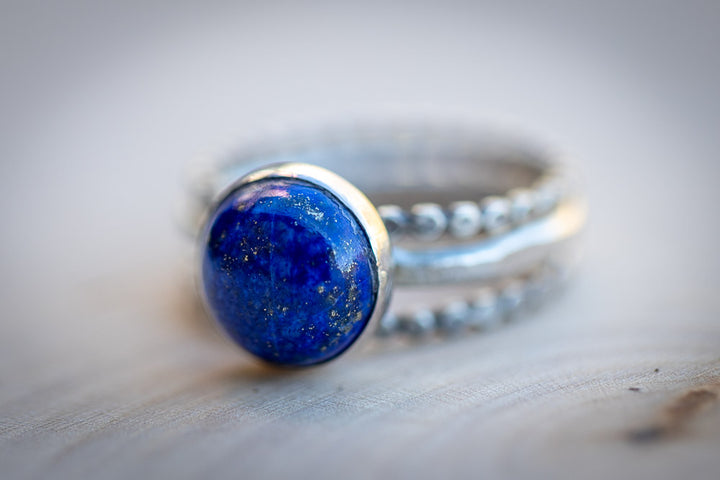 Lapis Lazuli Stack Ring Set | Hand-Hammered Solid Fine Silver Jewelry Em'z Blendz Soap Co.