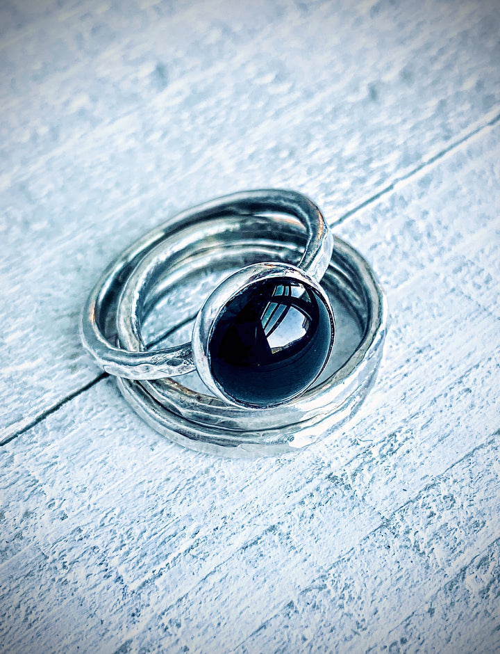 Black Onyx Protection Ring | Handcrafted Sterling Silver Stack Ring Set Em'z Blendz Soap Co.