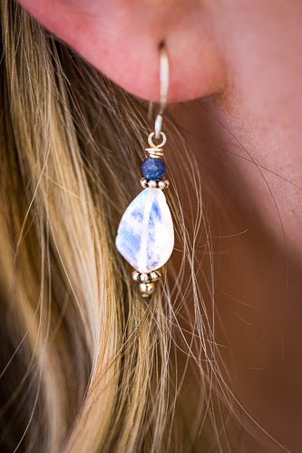 Em'z Blendz Rainbow Moonstone & Blue Sapphire Earrings | Handcrafted Sterling Silver    Em'z Blendz Soap Co.