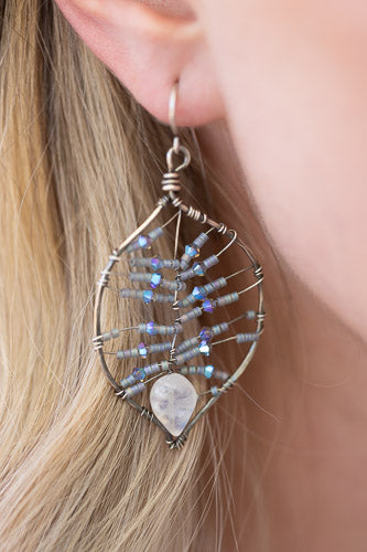 Rainbow Moonstone Leaf Earrings | Handcrafted with Austrian Crystals & Sterling Silver Em'z Blendz Soap Co.