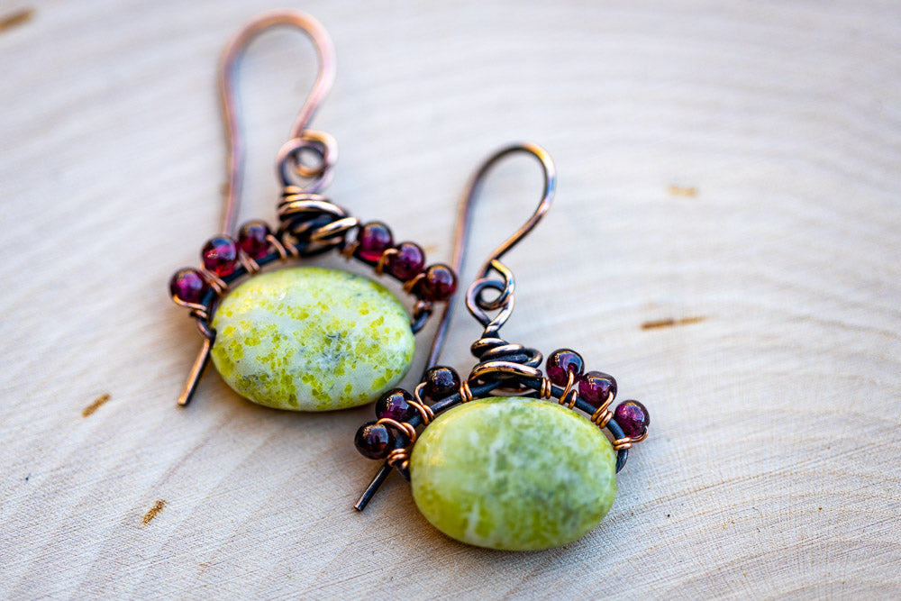 Em'z Blendz Peridot Jasper & Garnet Earrings | Handcrafted Jewelry    Em'z Blendz Soap Co.