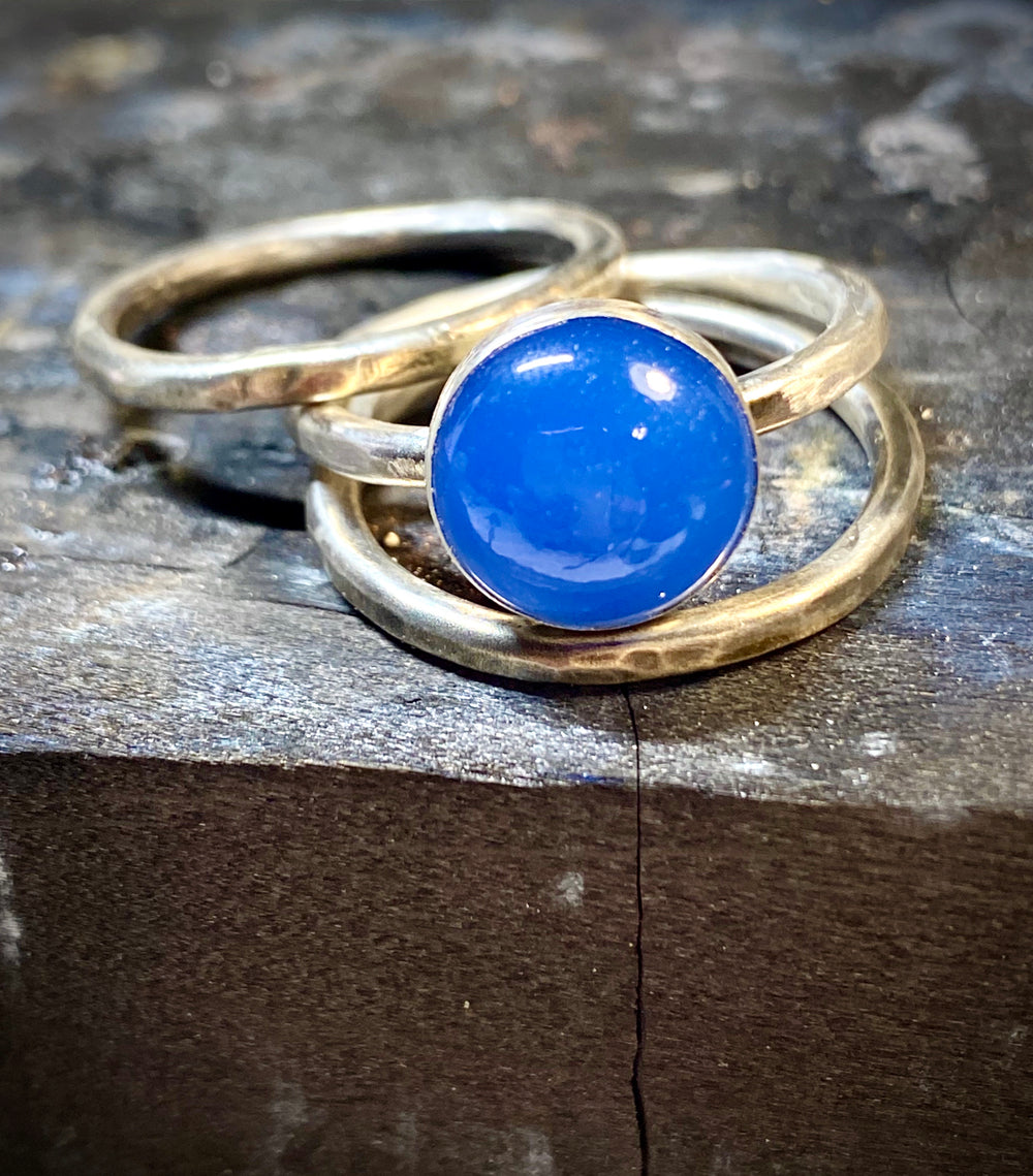 Blue Chalcedony Stack Ring Set | Hand-Hammered Solid Sterling Silver Jewelry Em'z Blendz Soap Co.