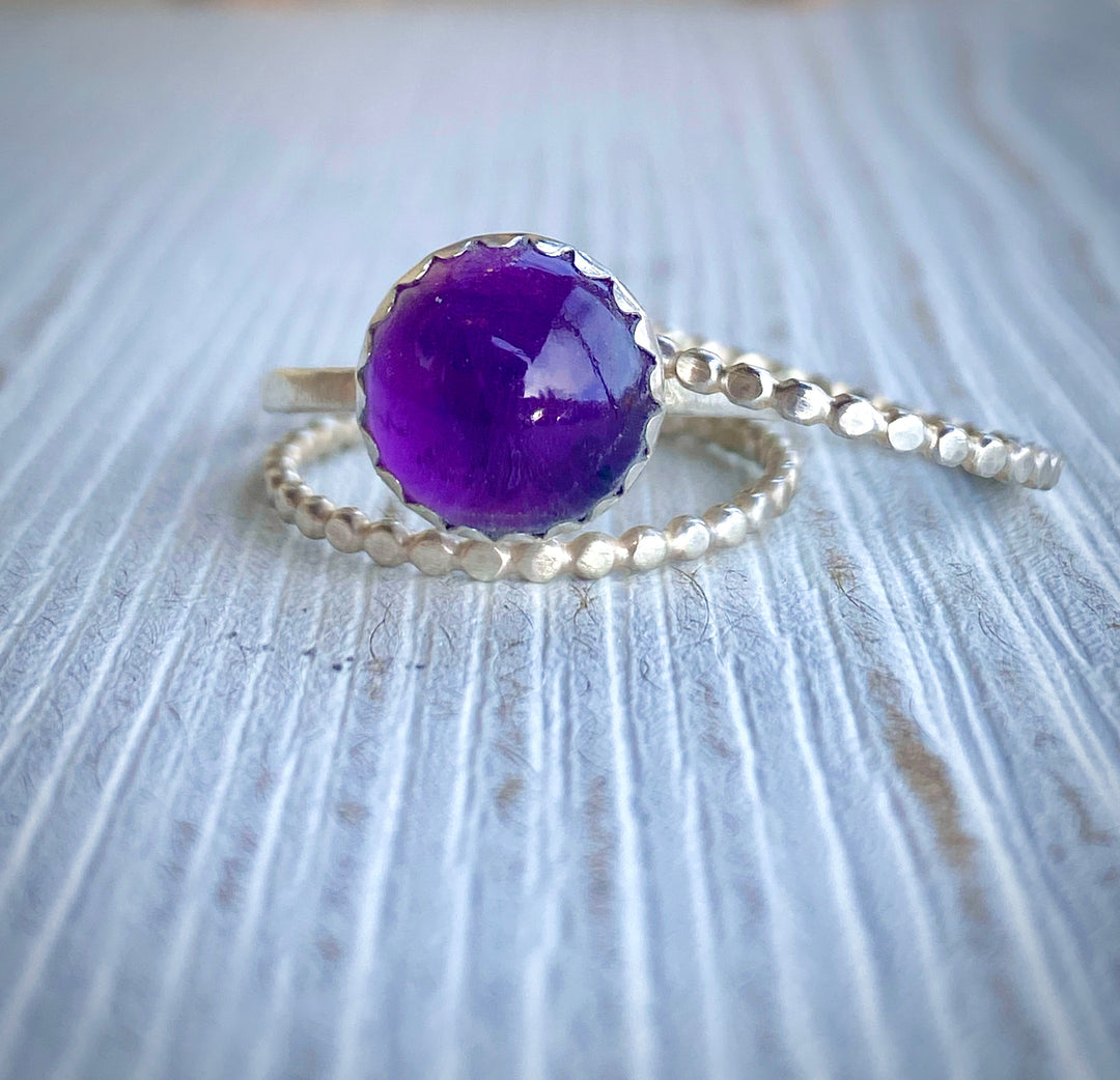 Handcrafted Fine Silver Amethyst Stack Ring Set | Beaded Design Em'z Blendz Soap Co.