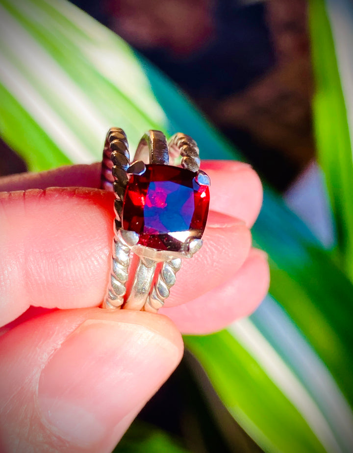 Brilliant Red Garnet & Fine Silver Hearts Stack Ring Set, 2.25cts    Em'z Blendz Soap Co.