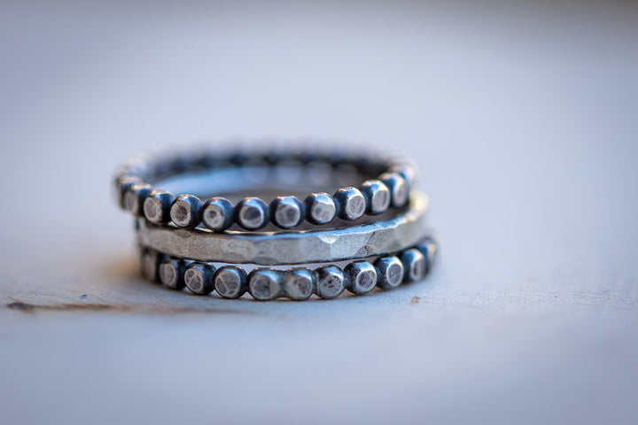 Beaded Solid Sterling Silver Stack Ring Set | Hand-Hammered Artisan Rings Em'z Blendz Soap Co.