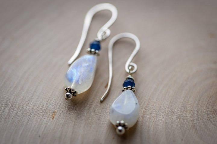 Em'z Blendz Rainbow Moonstone & Blue Sapphire Earrings | Handcrafted Sterling Silver    Em'z Blendz Soap Co.