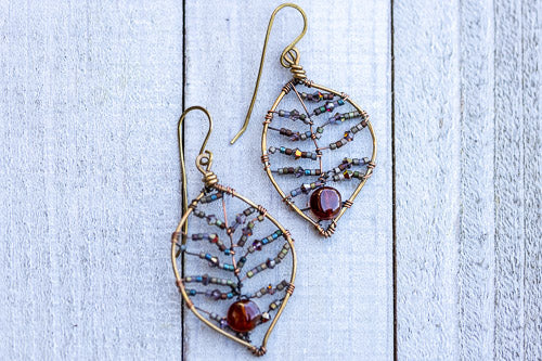 Cinnamon Garnet Leaf Earrings | Handcrafted with Antiqued Copper & Brass    Em'z Blendz Soap Co.
