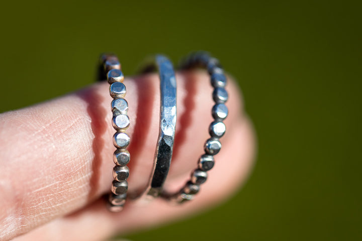 Beaded Solid Sterling Silver Stack Ring Set | Hand-Hammered Artisan Rings Em'z Blendz Soap Co.