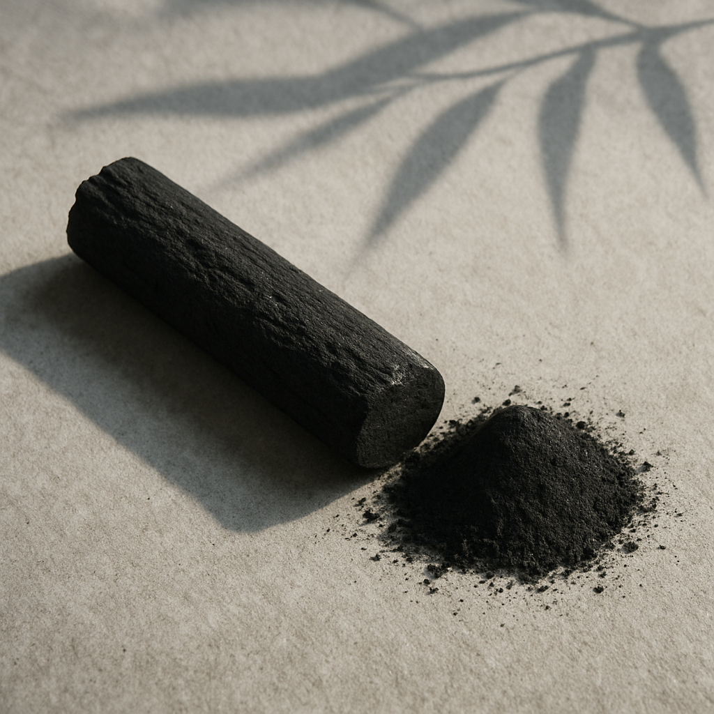 Minimalist still life of a rough bamboo charcoal stick and a small pile of charcoal powder on gray stone, with long bamboo-leaf shadows.