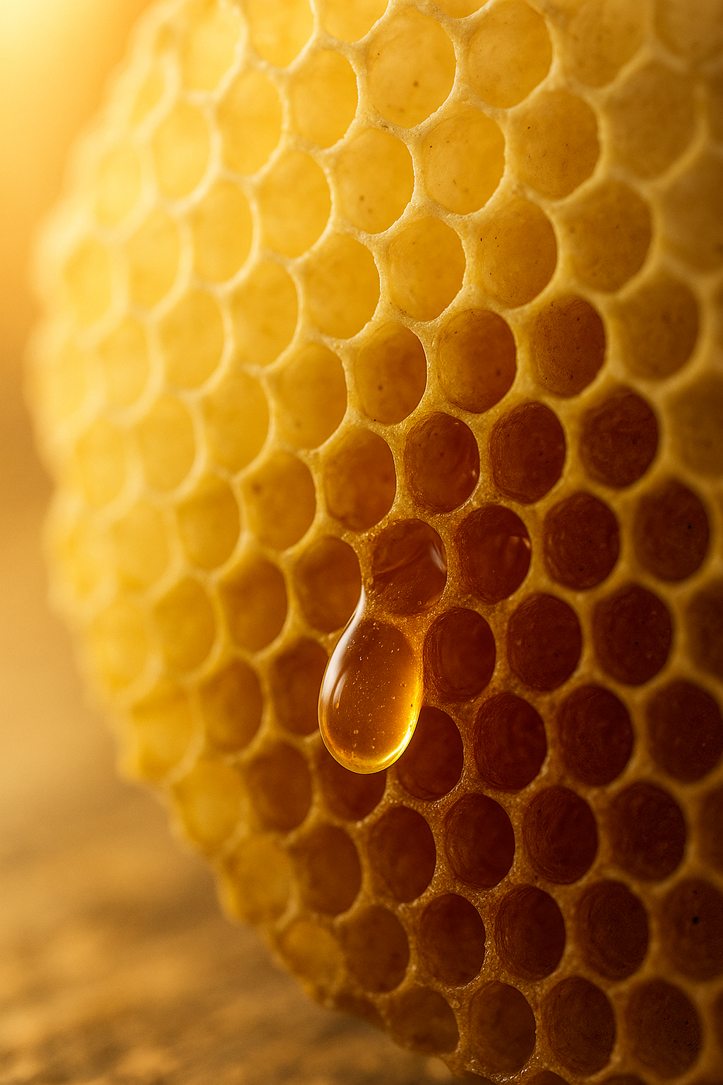 A macro shot of a natural golden honeycomb with a single, glistening drop of amber honey clinging to a wax cell.