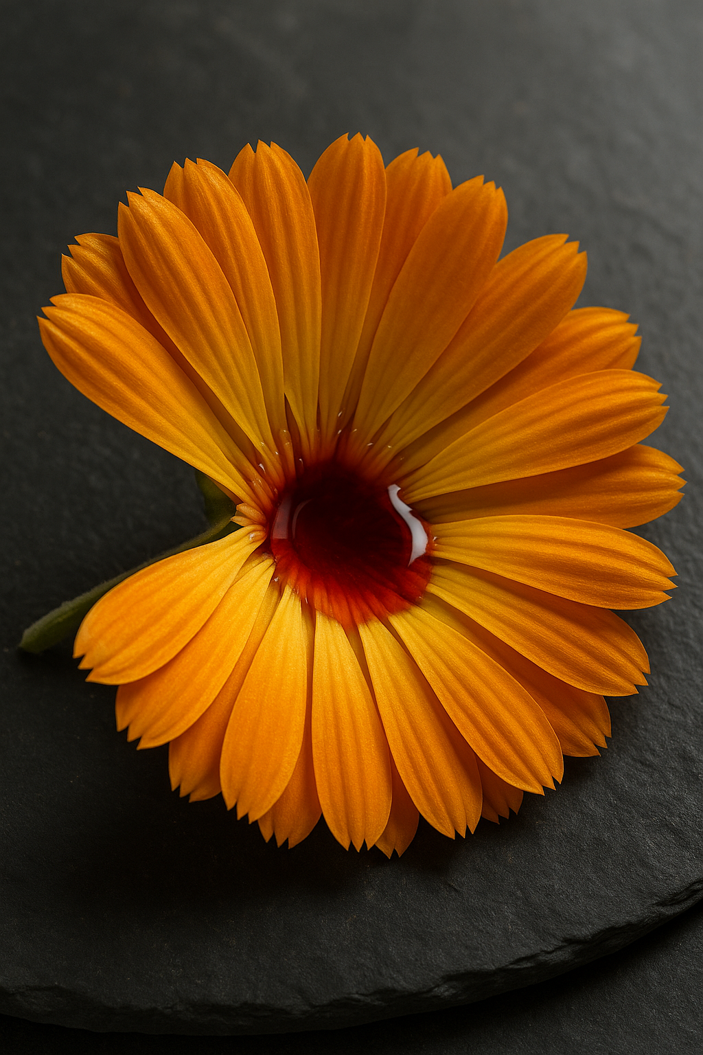 Calendula flower cross-section with calendula absolute pooled at the center on textured slate, photoreal macro for skincare ingredient.