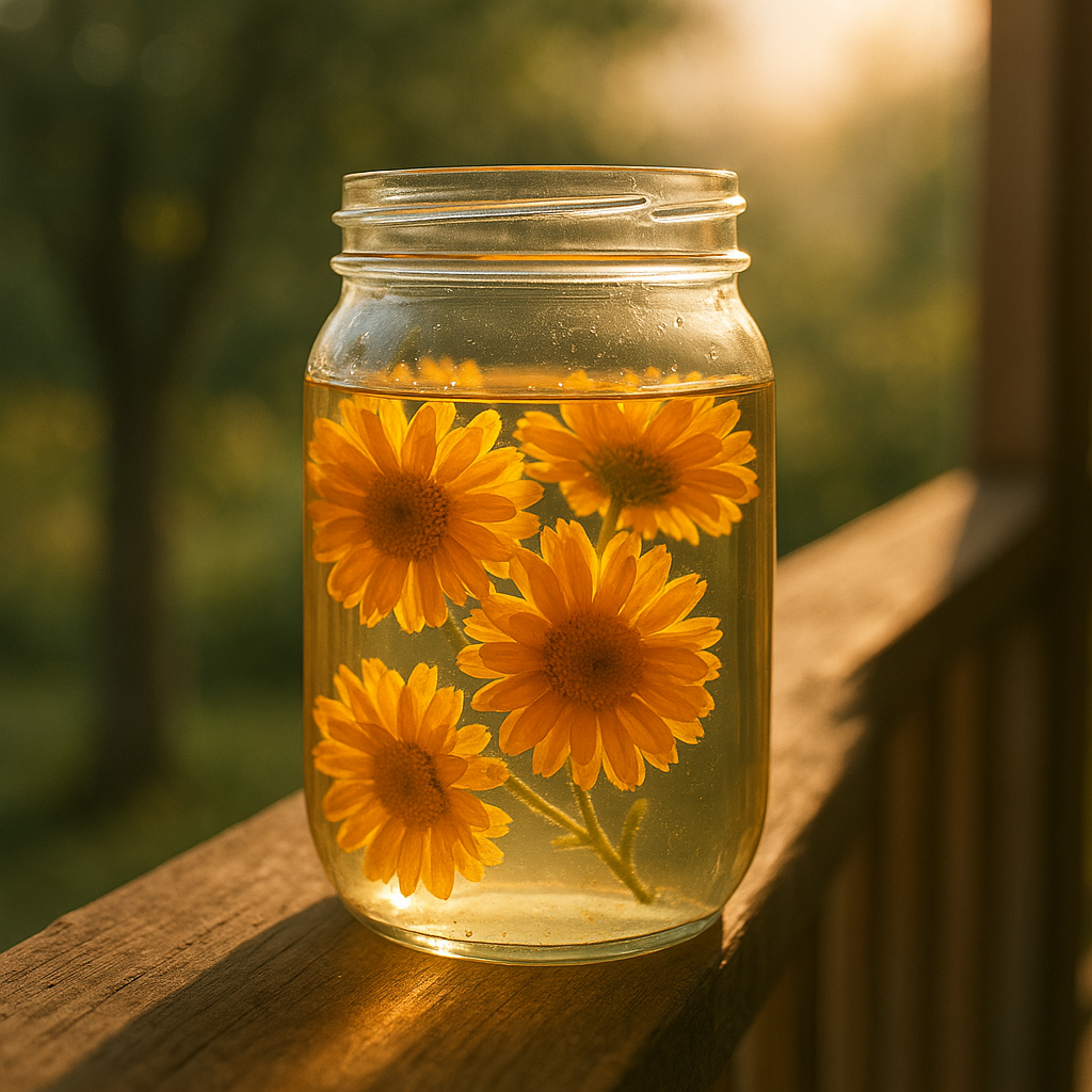 Backlit mason jar of clear calendula hydrosol with submerged golden-orange calendula blooms, glowing on a sunlit wooden porch railing.