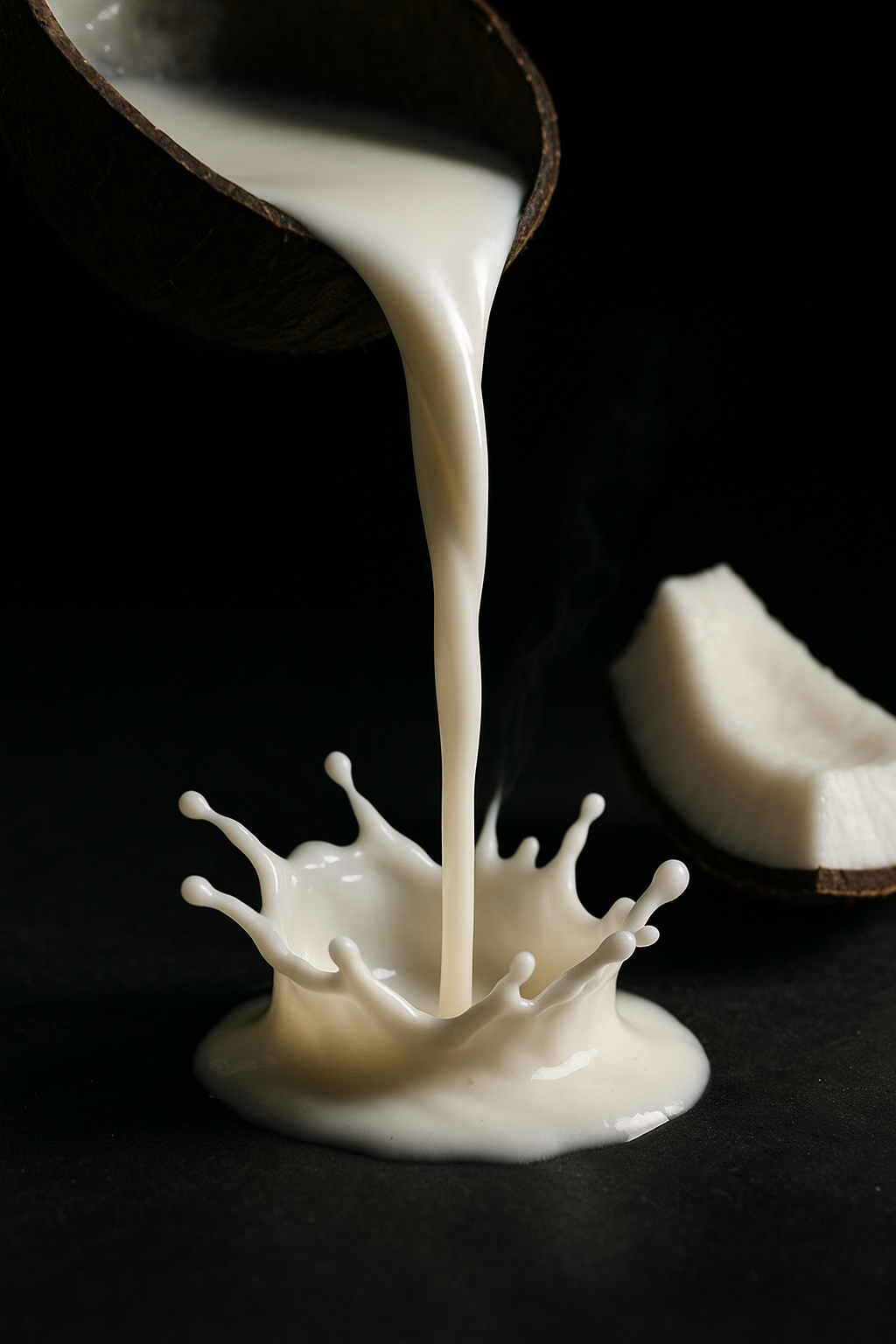 hick coconut milk pours from a rustic coconut shell, splashing onto dark volcanic stone beside a wedge of fresh coconut meat.