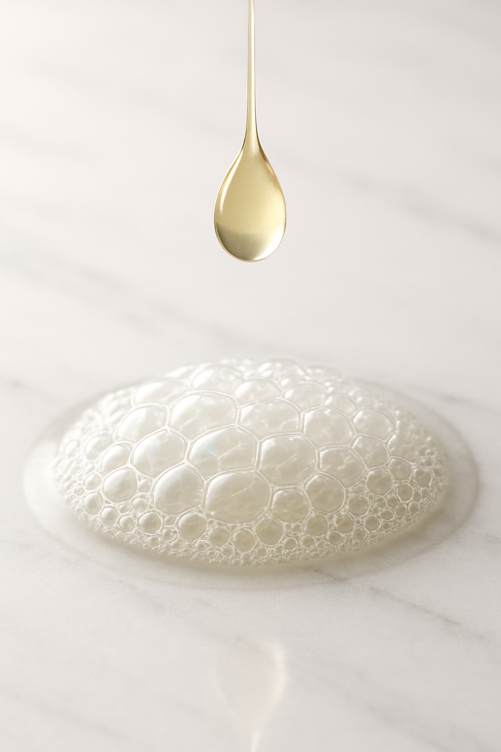 A macro shot of a single drop of pale golden Decyl Glucoside suspended above a circular patch of white foam on a white marble surface.