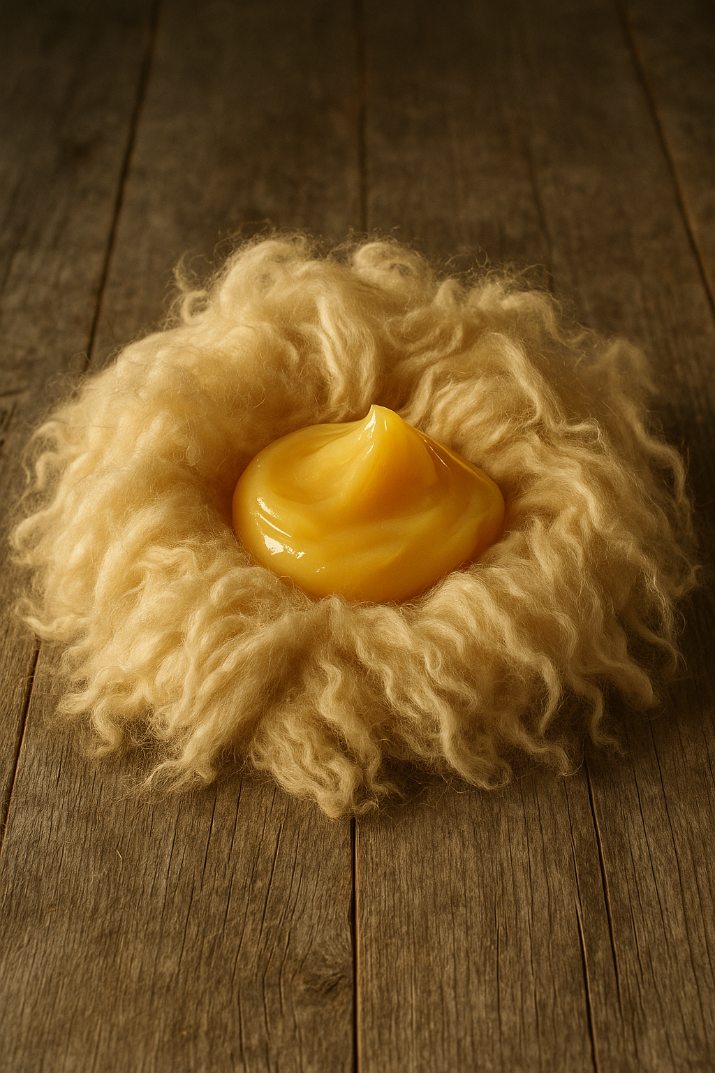 A soft dollop of golden-yellow lanolin resting in a nest of raw, creamy sheep's wool on a rustic wooden surface.