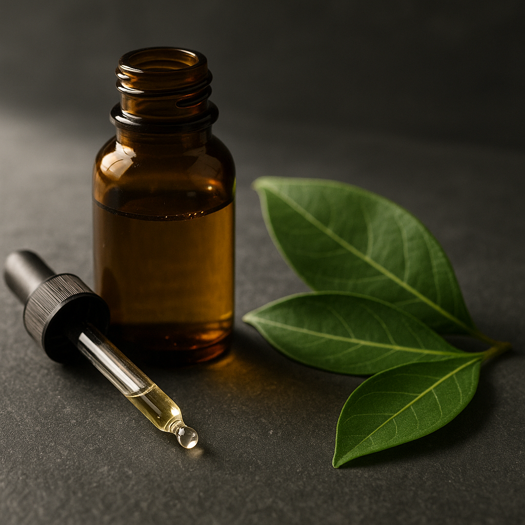 Amber dropper bottle of clove leaf essential oil with fresh clove leaves on dark slate, softly lit.