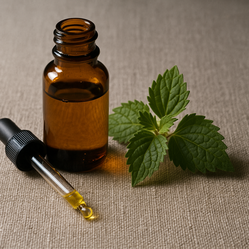 Amber dropper bottle of organic patchouli essential oil with a fresh patchouli sprig on undyed linen, softly window-lit.