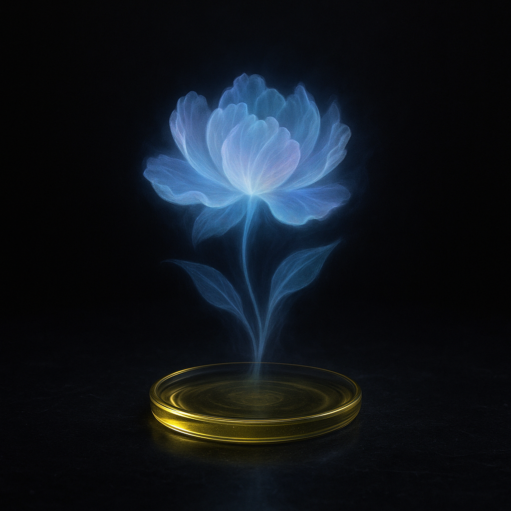 A glowing, ethereal blue flower made of light and vapor rising from a petri dish of golden fragrance oil against a black background.