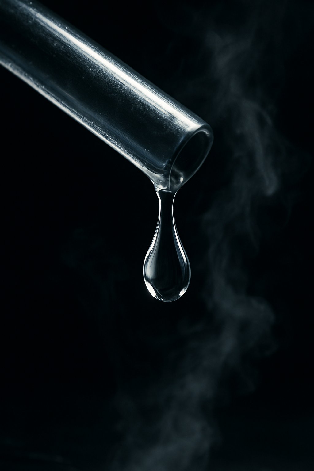 A macro shot of a single, clear drop of distilled water clinging to the tip of a metal tube, with soft wisps of steam against a black background.