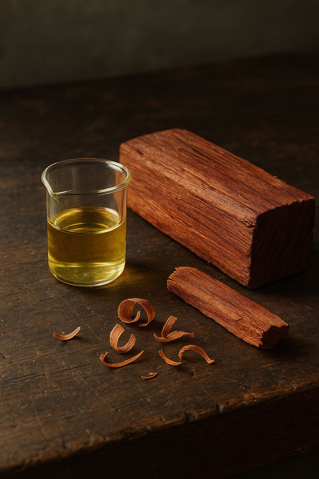 Photorealistic still life on a weathered workbench: a clear glass beaker of pale-golden Australian sandalwood oil beside raw heartwood and curled shavings in soft window light.