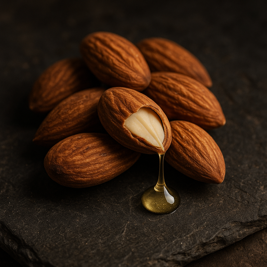A close-up of raw almonds on a dark slate surface, with one almond cracked open and a single drop of golden sweet almond oil dripping from the kernel.