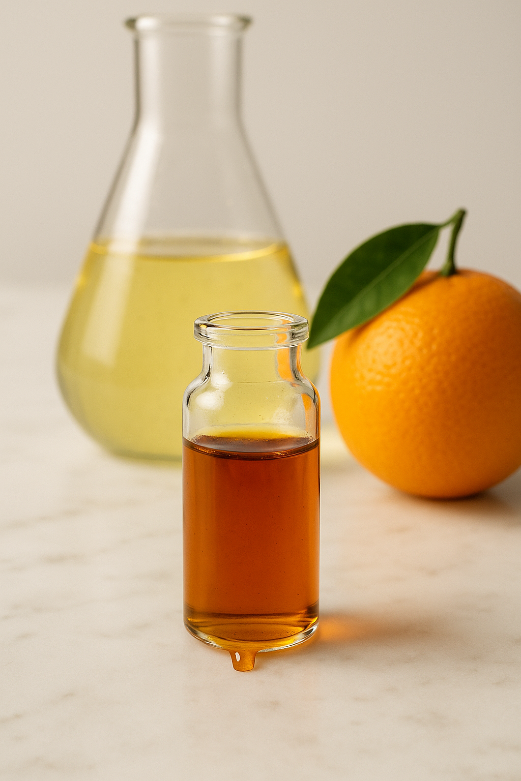 A small vial of concentrated, amber-colored sweet orange essential oil on a marble surface, with a fresh orange and a larger flask of paler oil in the background.