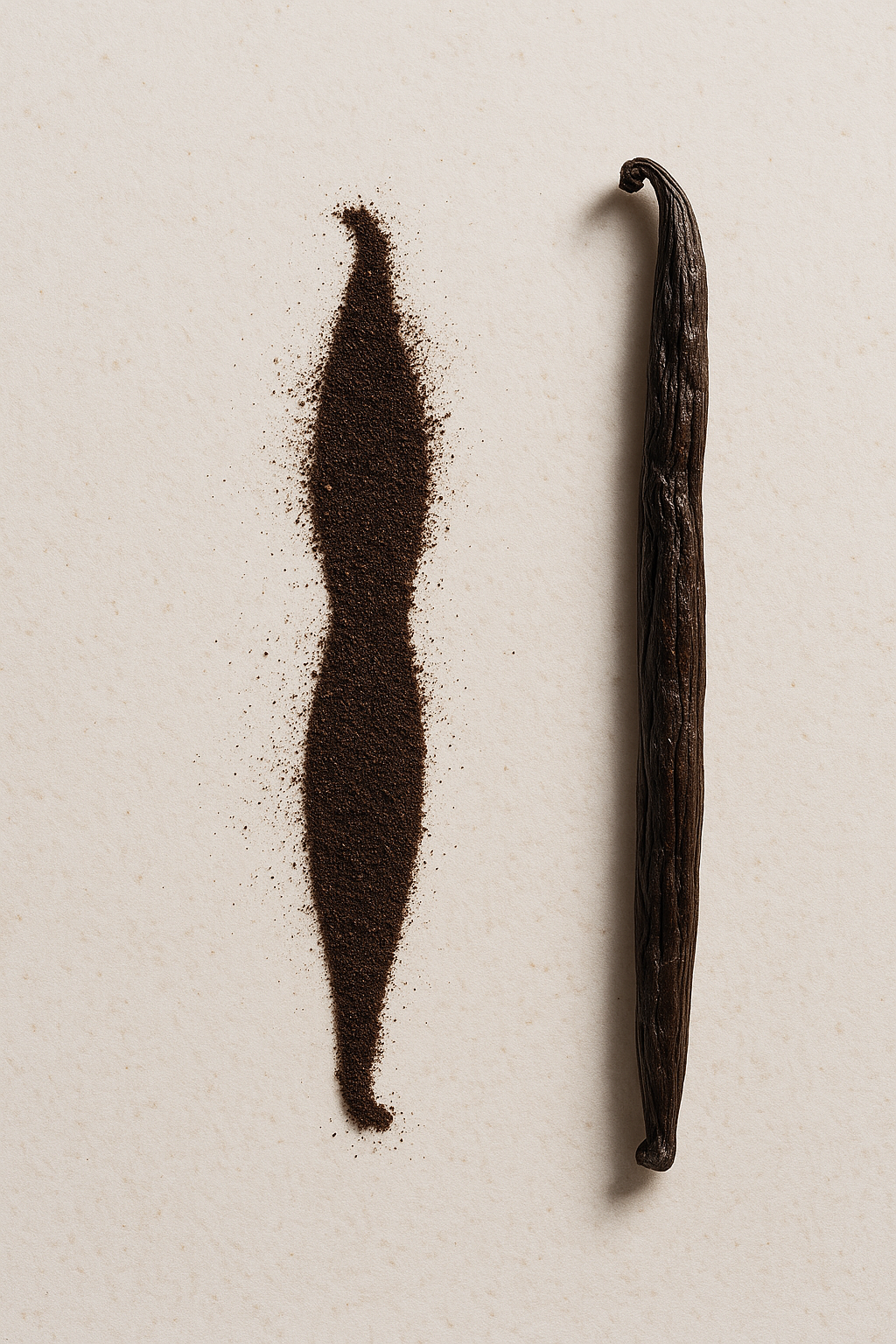 Top-down macro of dark vanilla bean powder shaped like a pod beside a real, wrinkled vanilla bean on off-white ceramic.