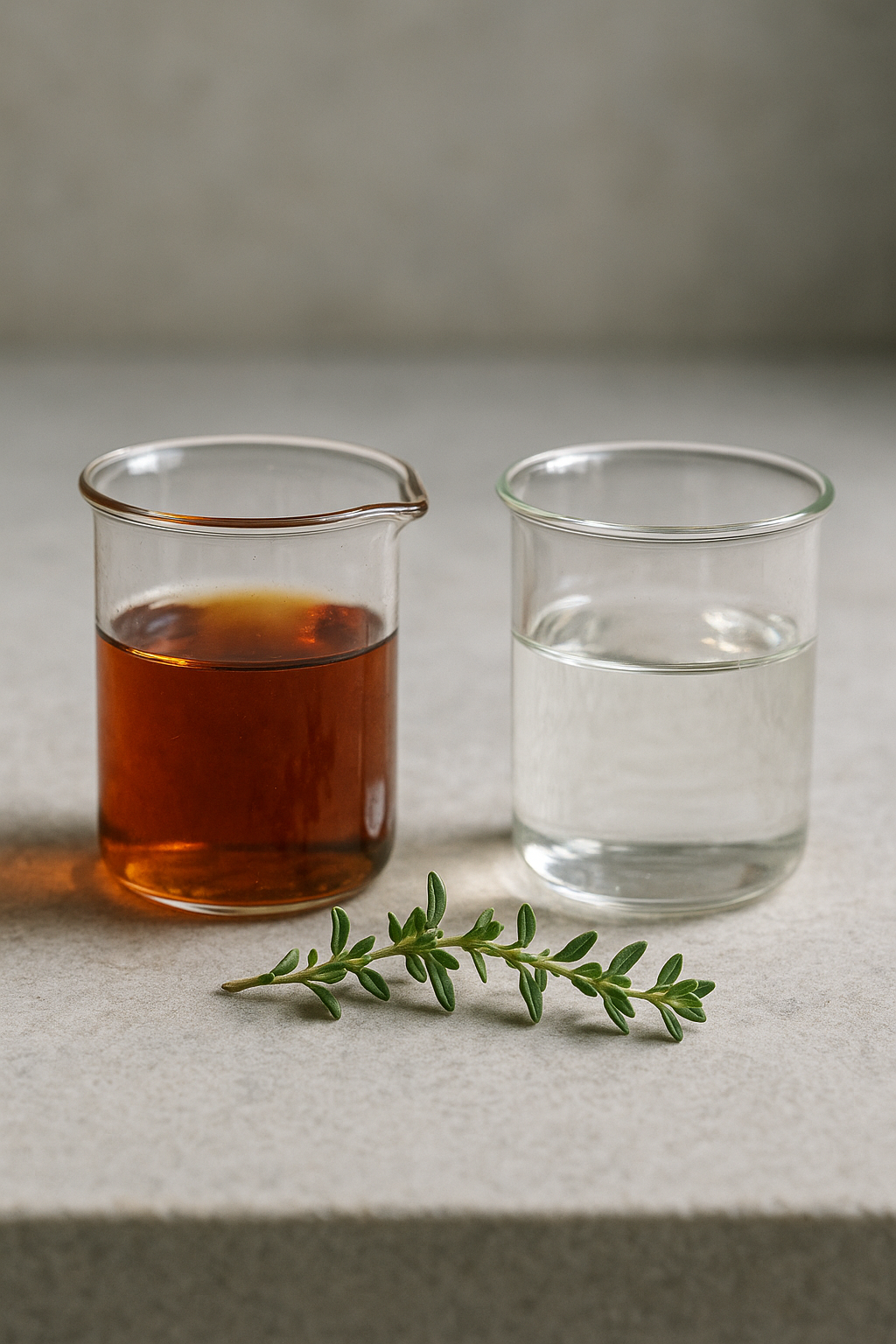 Two glass beakers on light-gray stone: left, reddish-amber Red Thyme oil; right, colorless White Thyme oil. A fresh thyme sprig lies in front.