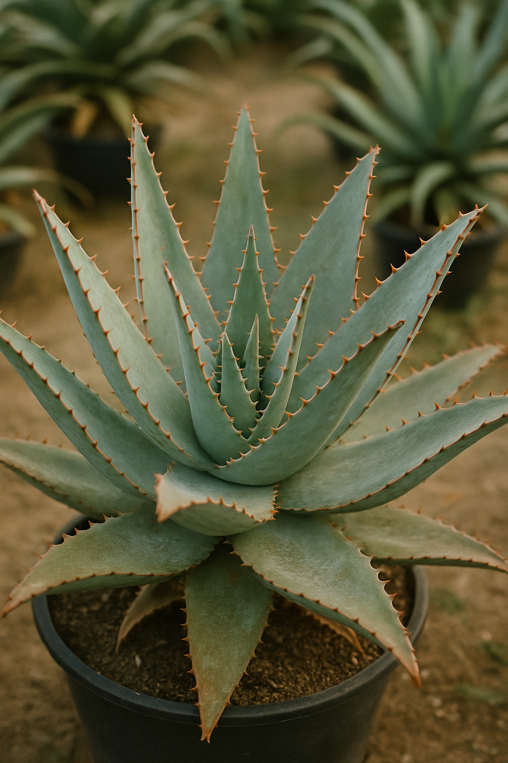 Aloe Ferox plant in a nursery setting, showing thick grey-green leaves with reddish-brown spines, natural dust on the surface, and soil texture in a black pot.
