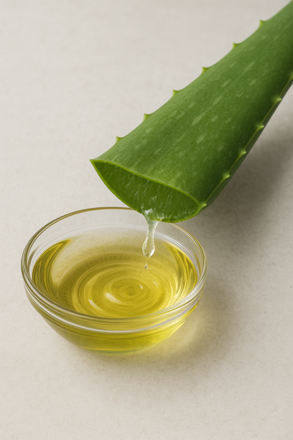 Sliced aloe leaf dripping clear gel into a glass bowl of pale-gold aloe vera oil on light-gray stone; pronounced ripple shows the infusion.