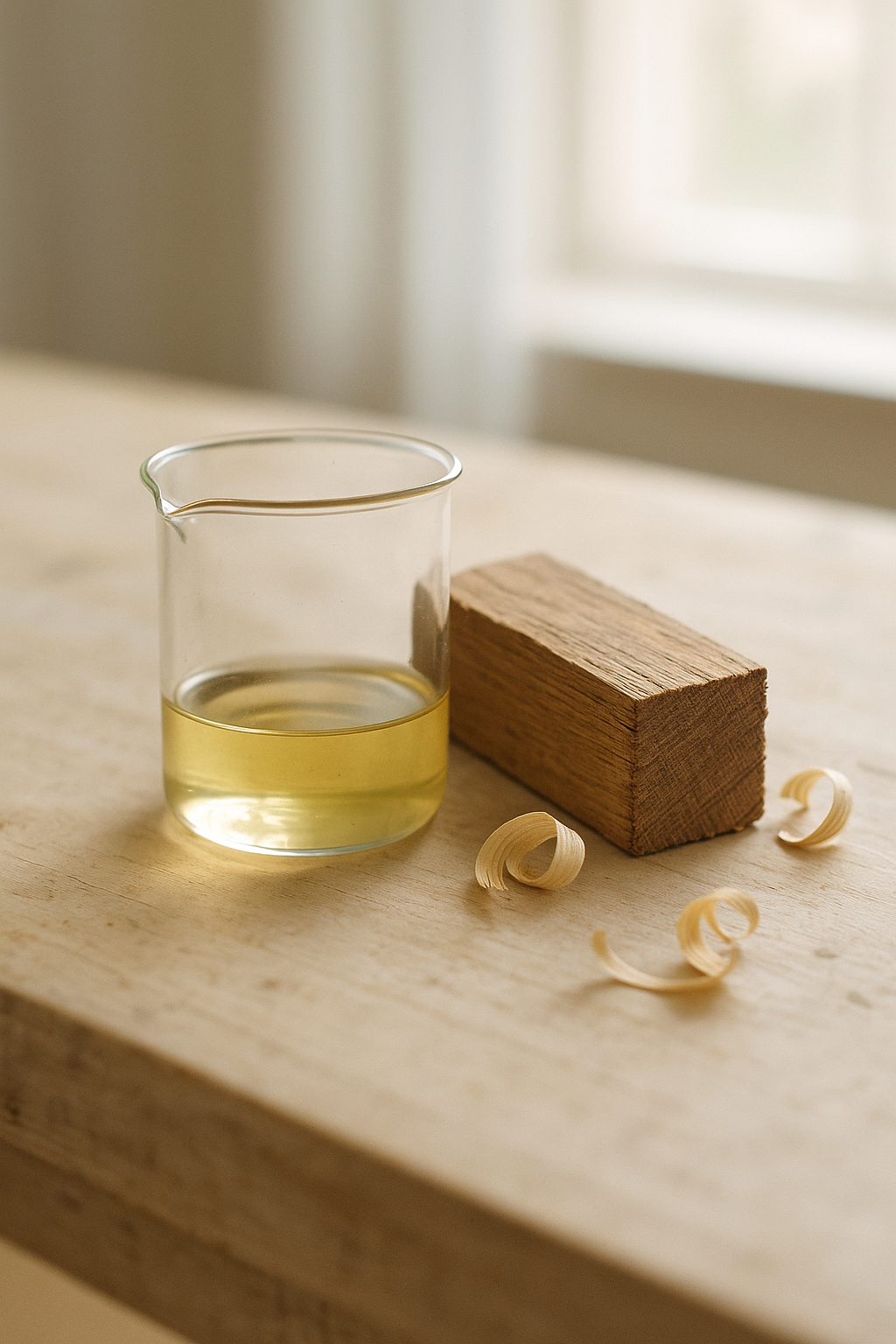 Glass beaker of pale Amyris essential oil on a light maple workbench beside raw heartwood and curled wood shavings in soft window light.