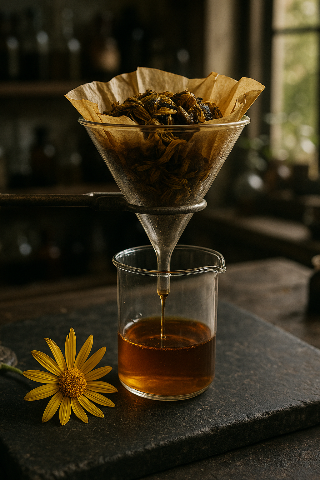 Photorealistic scene of a botanical workshop filtration setup with wilted arnica flowers in filter paper, golden arnica absolute dripping into a glass beaker, and a fresh arnica blossom on a dark soapstone workbench.