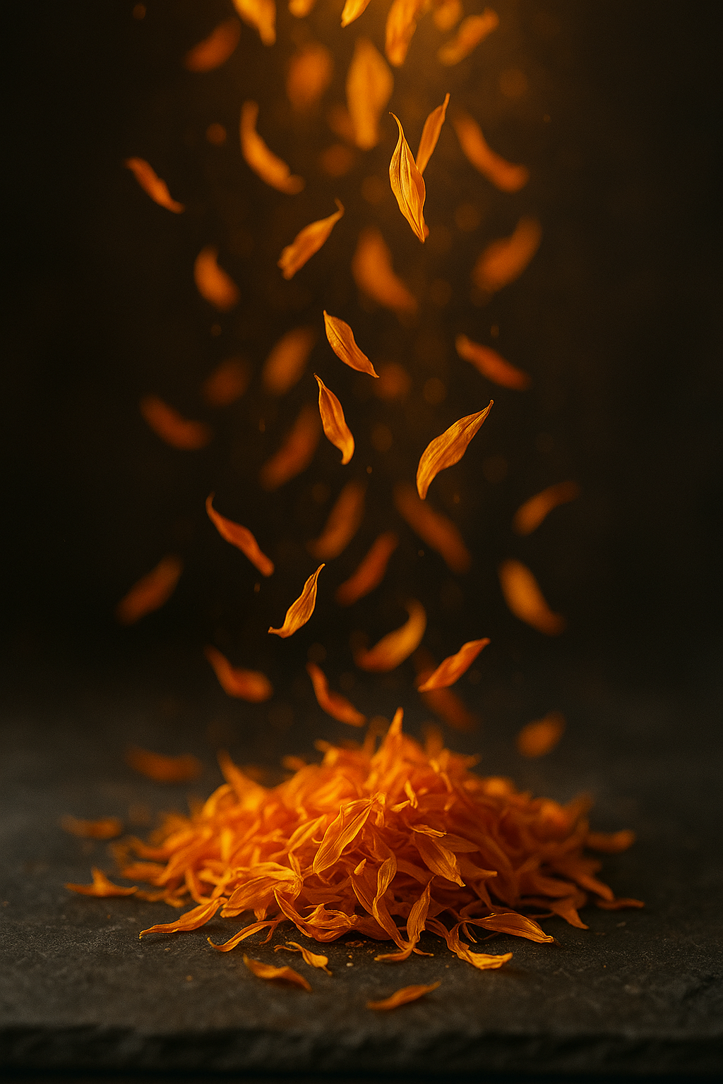 Dried golden calendula petals falling in a soft cascade onto dark slate, backlit macro with shallow depth of field.