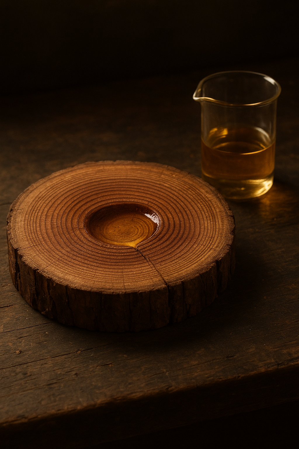Cedar log cross-section with visible growth rings holding a small pool of golden essential oil, beaker nearby on a worn workbench under warm side light.