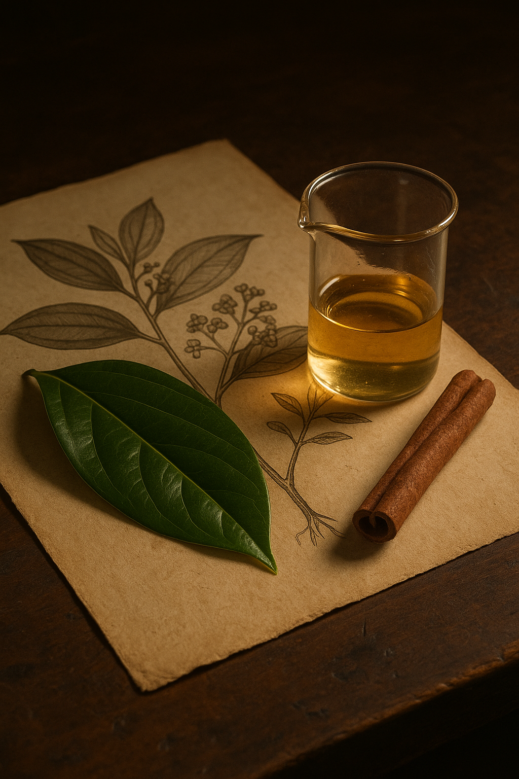Glossy cinnamon leaf and a beaker of pale golden cinnamon leaf essential oil on a vintage cinnamon-tree illustration, with a curled stick on aged parchment atop a walnut desk under warm lamp light.