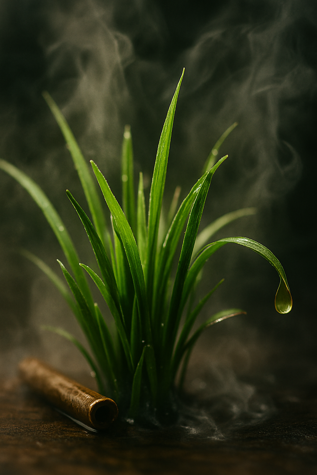 Macro of fresh citronella grass with backlit steam swirling; a pale greenish-yellow essential oil droplet hangs from a blade, dewy texture and a few torn tips.