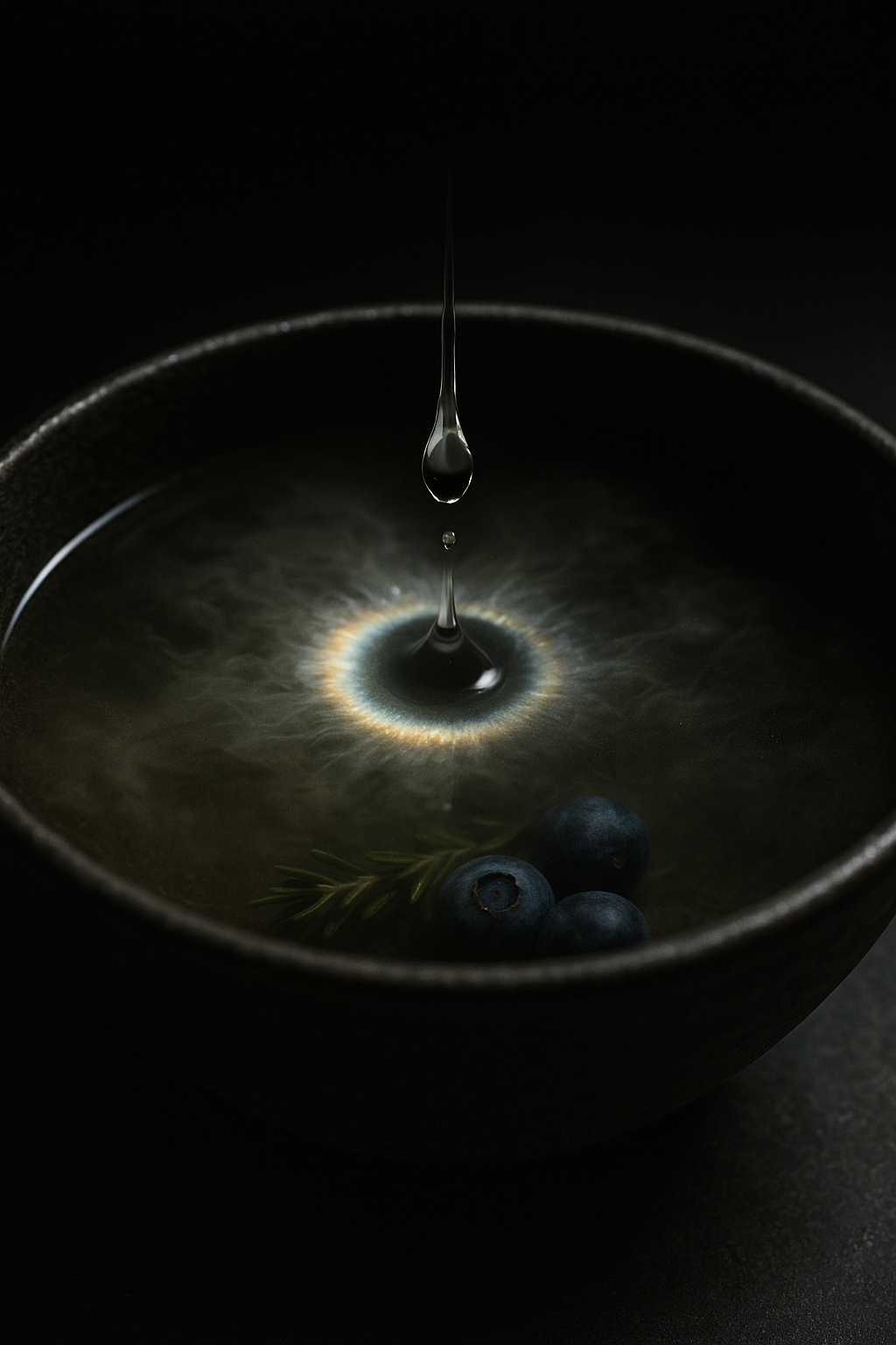 Macro of a clear juniper berry essential oil drop hitting cloudy water in a dark unglazed ceramic bowl, forming an iridescent ring and a clear window revealing juniper berries below.