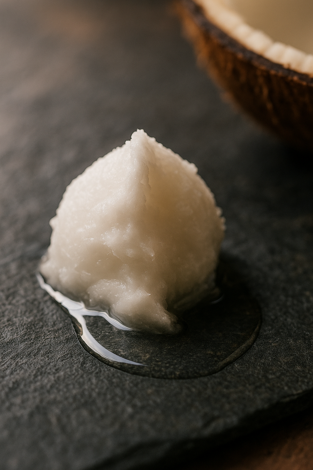 Macro of organic coconut oil scoop melting on dark slate, a clear liquid pool forming at the base; blurred coconut shell in the background.