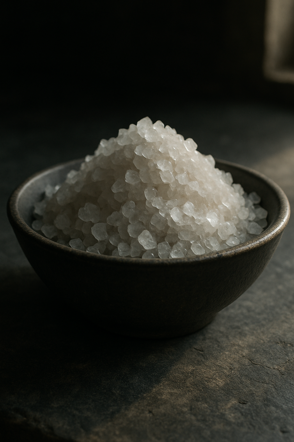 Dead Sea salt crystals in clay bowl on slate